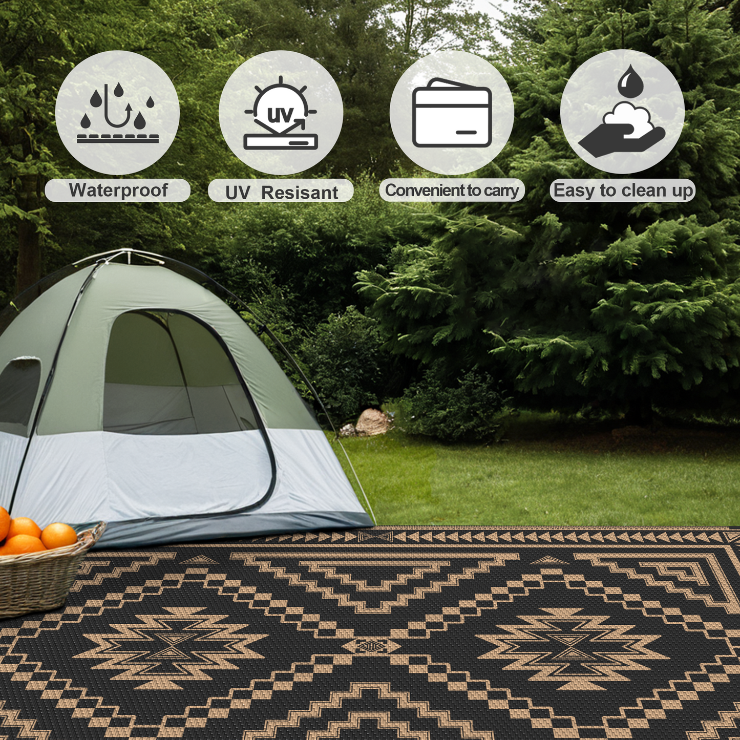 KUETH 5' x 8' Outdoor Waterproof Rug Camping Mat Patio Carpet,Black & Brown