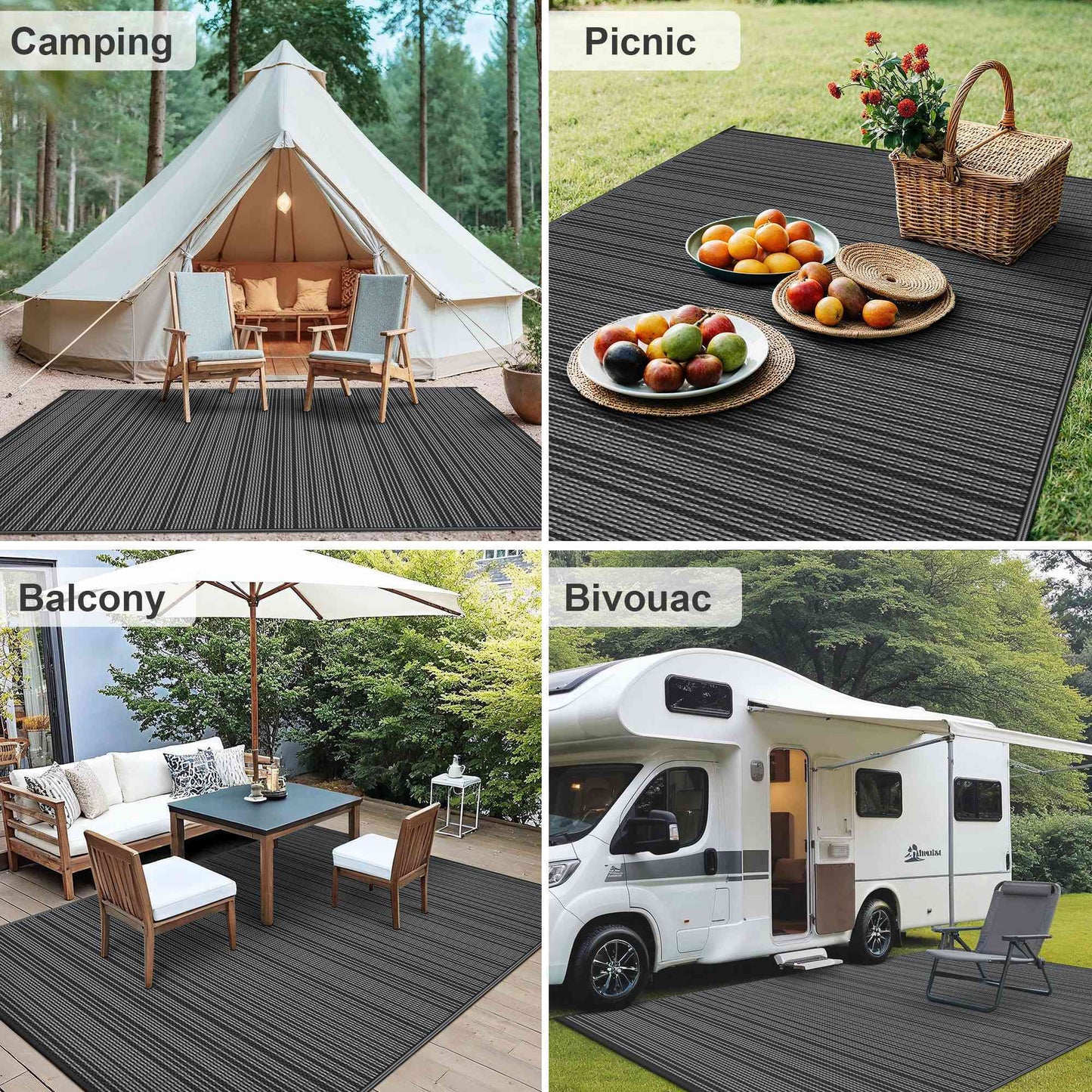 KUETH 6'x 9' Outdoor Waterproof Rug Camping Mat Patio Carpet,Black&Gray