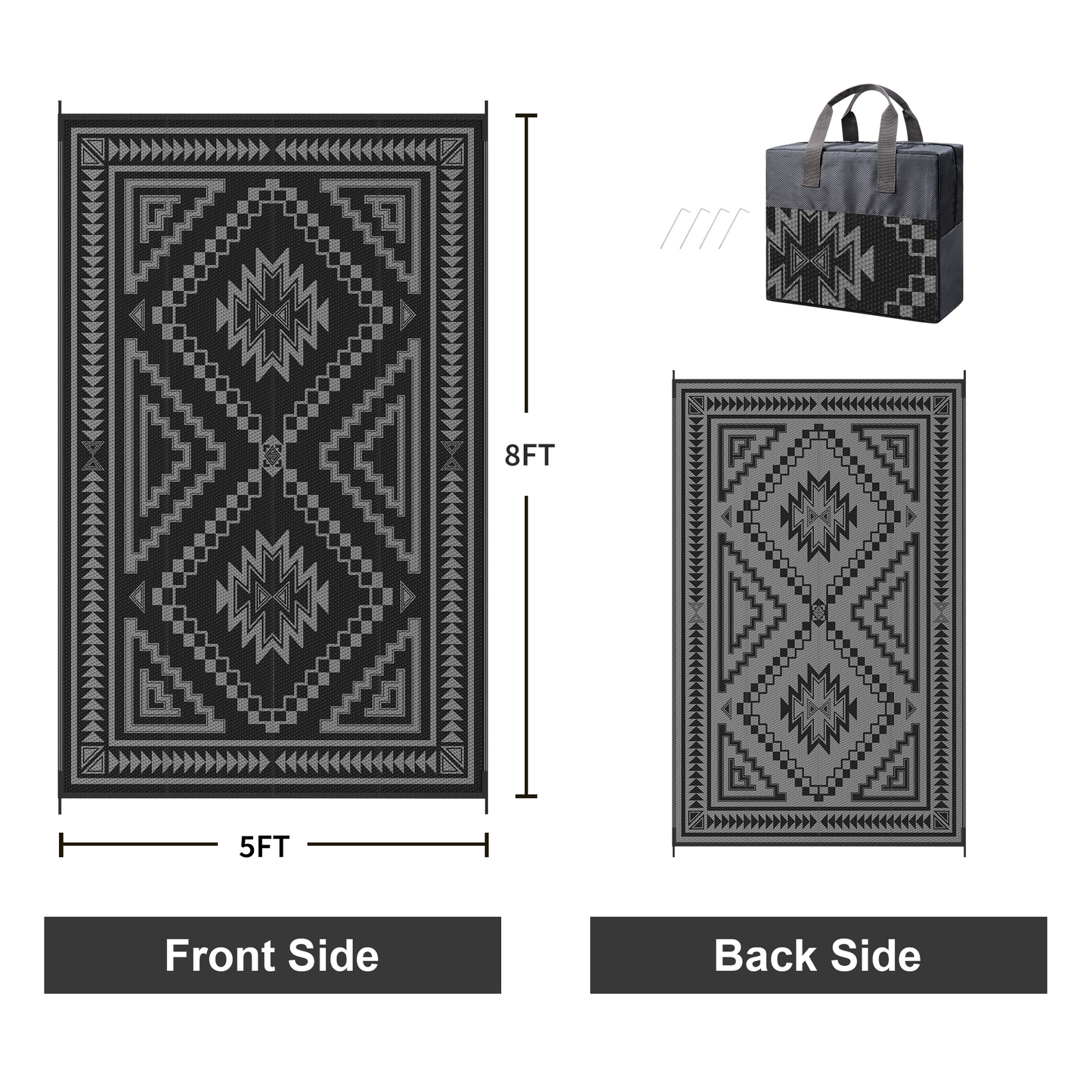 KUETH 5' x 8' Outdoor Waterproof Rug Camping Mat Patio Carpet,Black & Gray