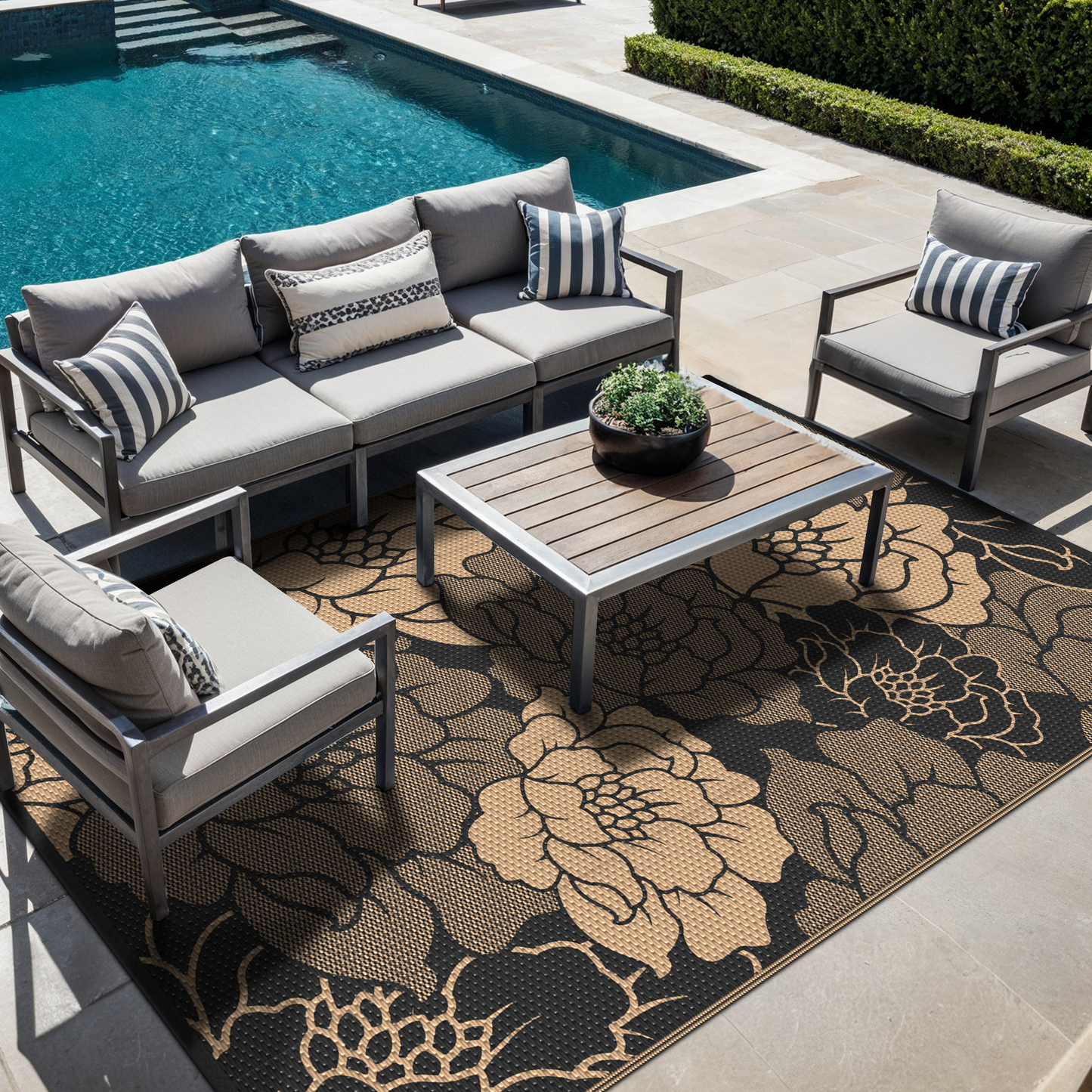 KUETH 8'x 10' Outdoor Rug Plastic Waterproof Outside Foldable Flower Mat UV Resistant Patio RV Deck Carpet,Black Brown