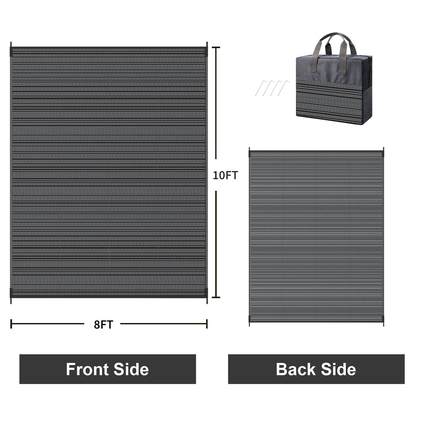 KUETH 8'x 10' Outdoor Waterproof Rug Camping Mat Patio Carpet,Black&Gray