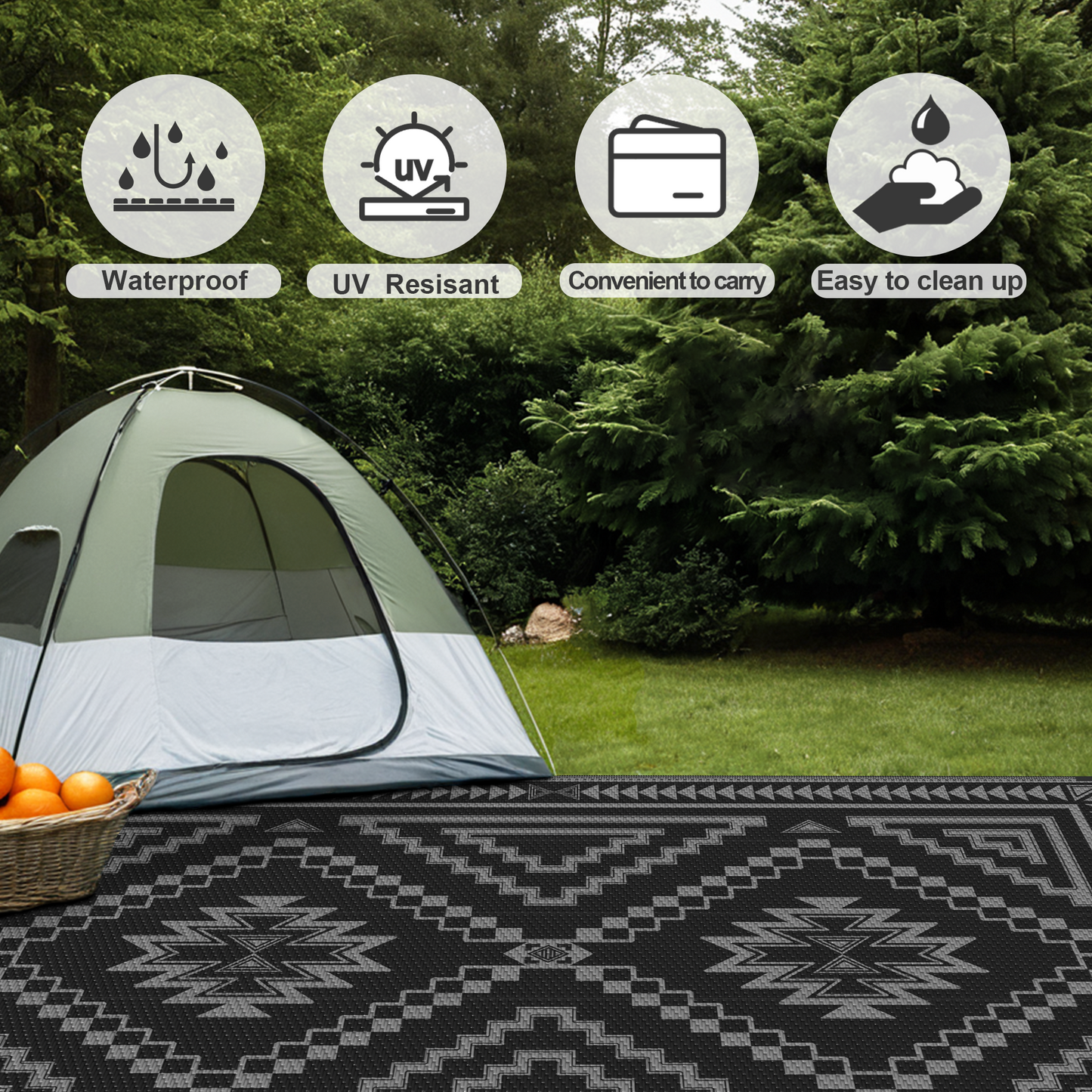 KUETH 6' x 9' Outdoor Waterproof Rug Camping Mat Patio Carpet,Black & Gray