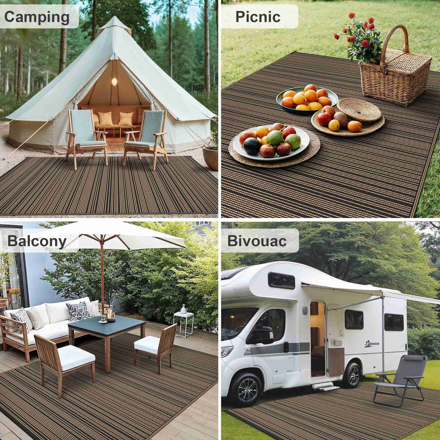 KUETH 5'x 8' Outdoor Waterproof Rug Camping Mat Patio Carpet,Black&Brown