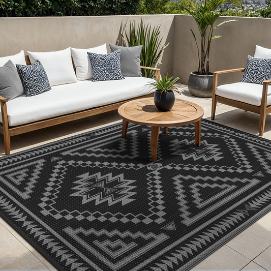 KUETH 6' x 9' Outdoor Waterproof Rug Camping Mat Patio Carpet,Black & Gray