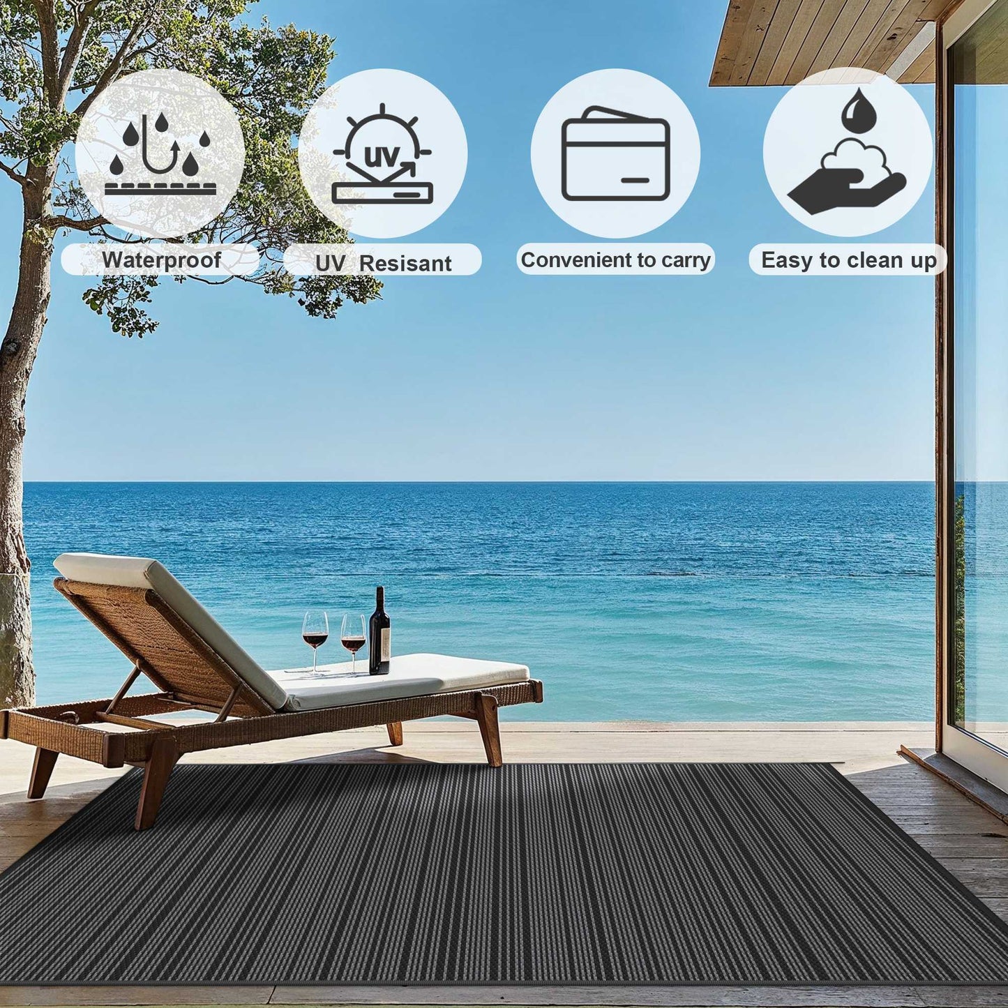 KUETH 6'x 9' Outdoor Waterproof Rug Camping Mat Patio Carpet,Black&Gray