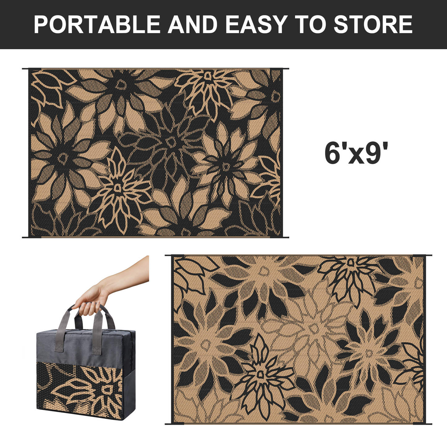 KUETH 6'x9' Outdoor Rug Waterproof Plastic Reversible Patio Camping Outside Carpet,Black Brown
