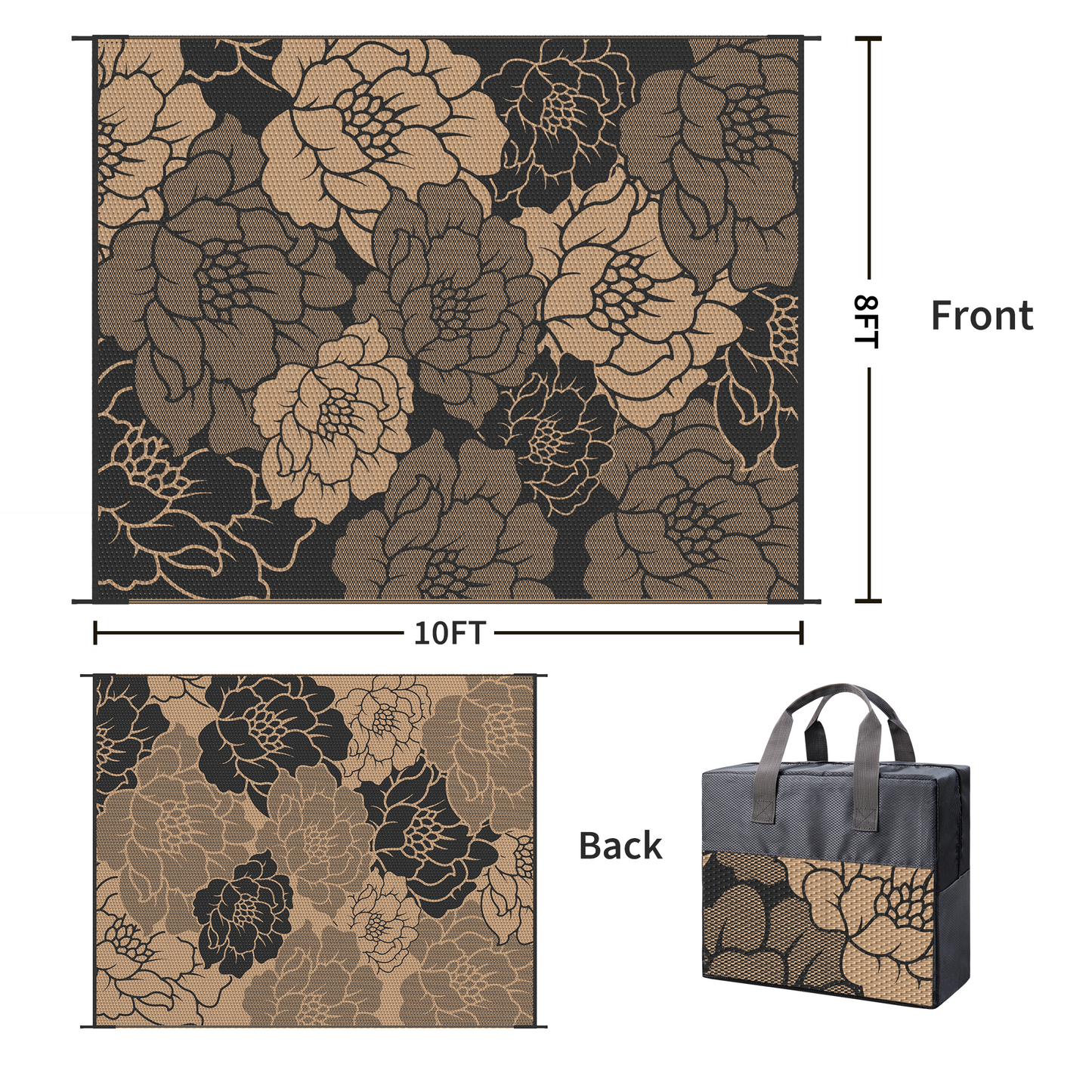 KUETH 8'x 10' Outdoor Rug Plastic Waterproof Outside Foldable Flower Mat UV Resistant Patio RV Deck Carpet,Black Brown