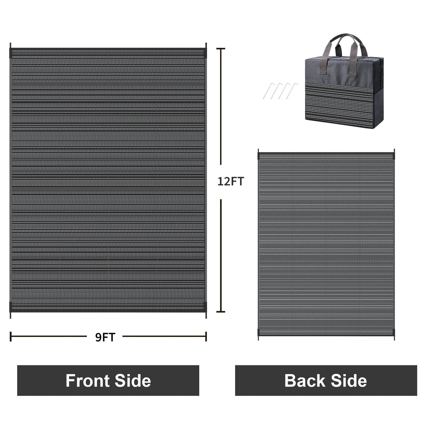 KUETH 9'x 12' Outdoor Waterproof Rug Camping Mat Patio Carpet,Black&Gray