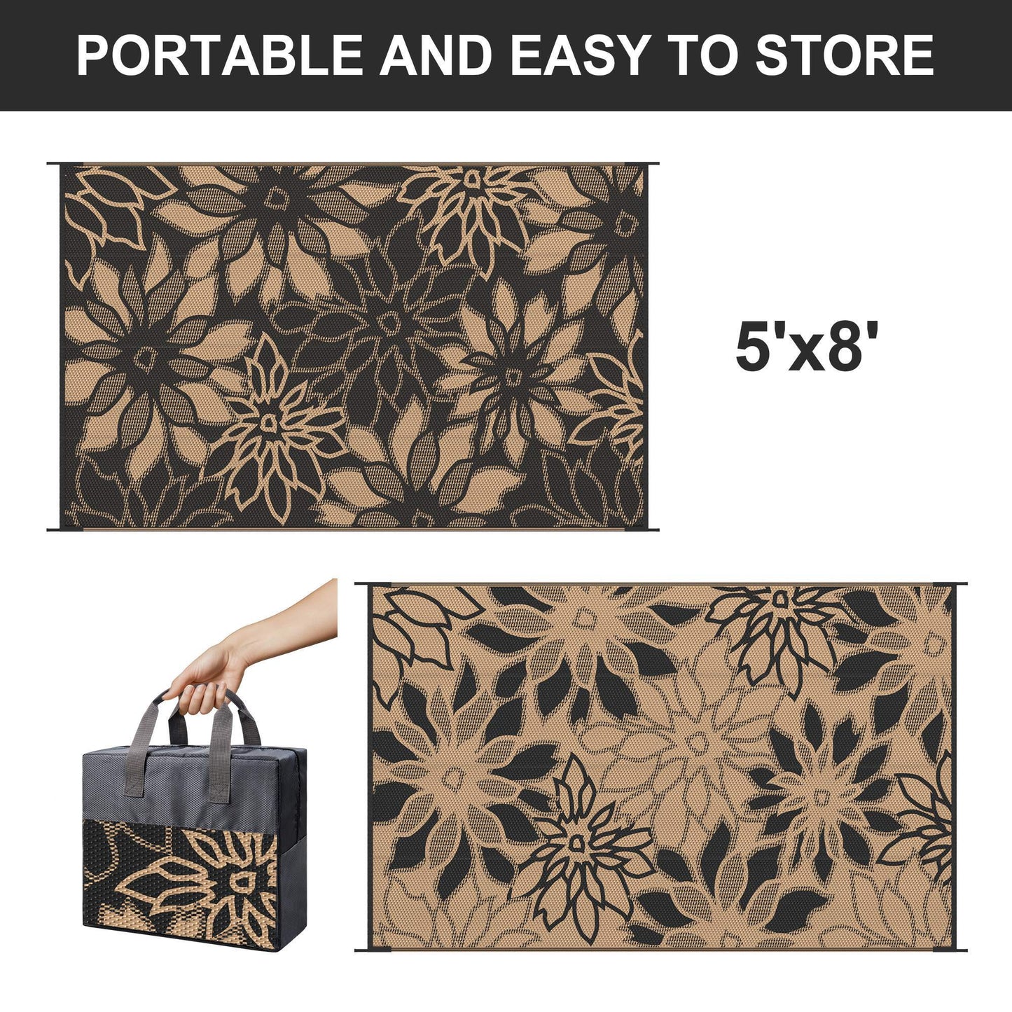 KUETH 5'x8' Outdoor Rug Waterproof Plastic Reversible Patio Camping Outside Carpet,Black Brown