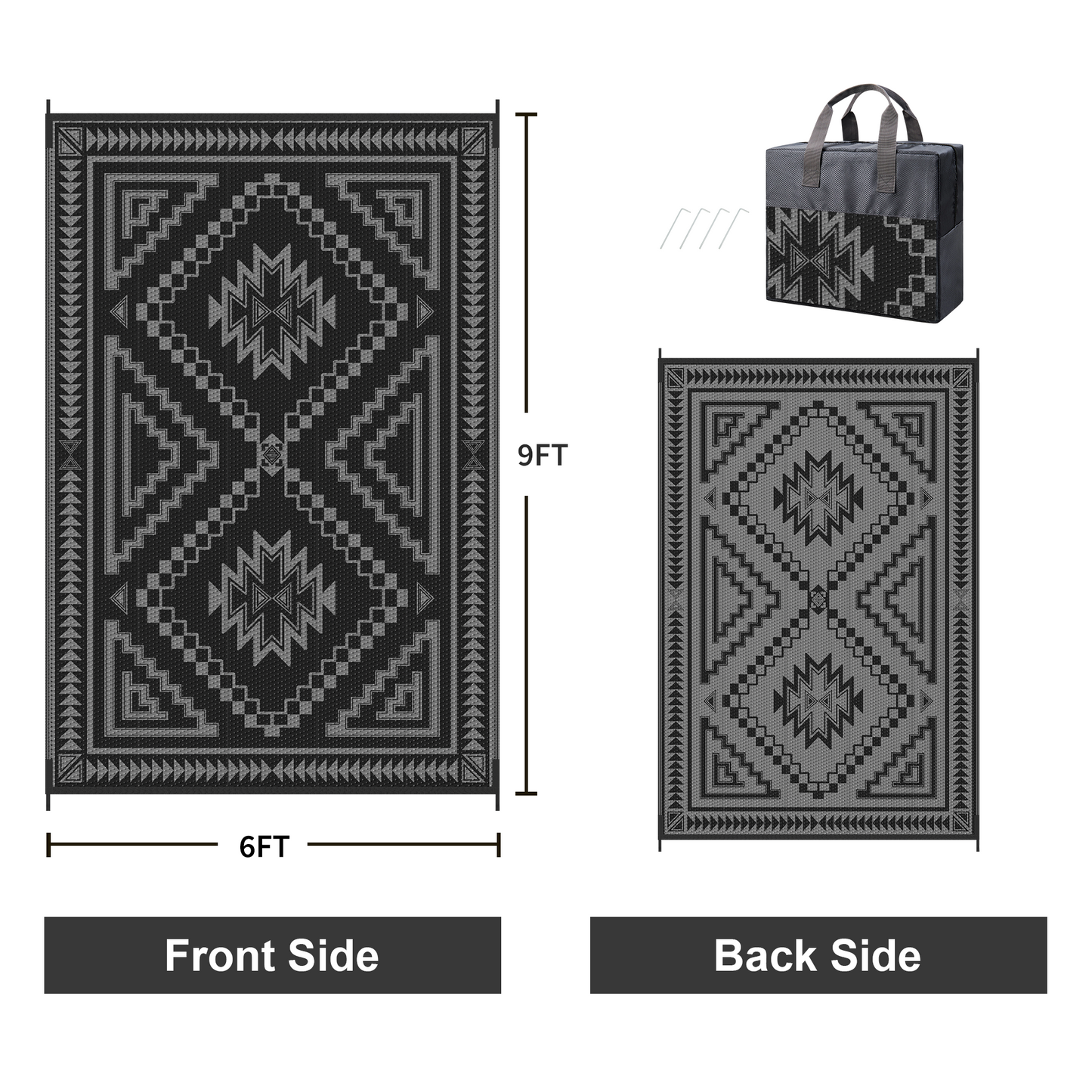 KUETH 6' x 9' Outdoor Waterproof Rug Camping Mat Patio Carpet,Black & Gray