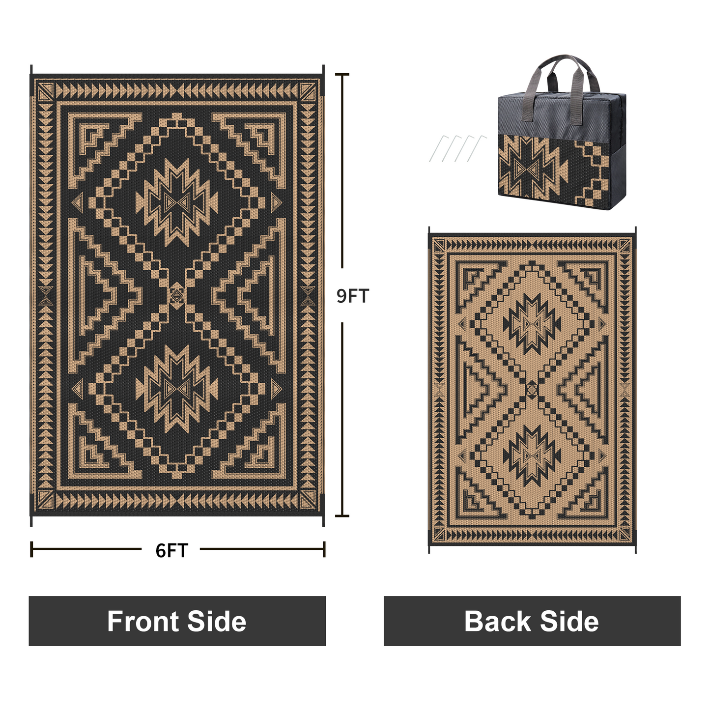 KUETH 6' x 9' Outdoor Waterproof Rug Camping Mat Patio Carpet,Black & Brown
