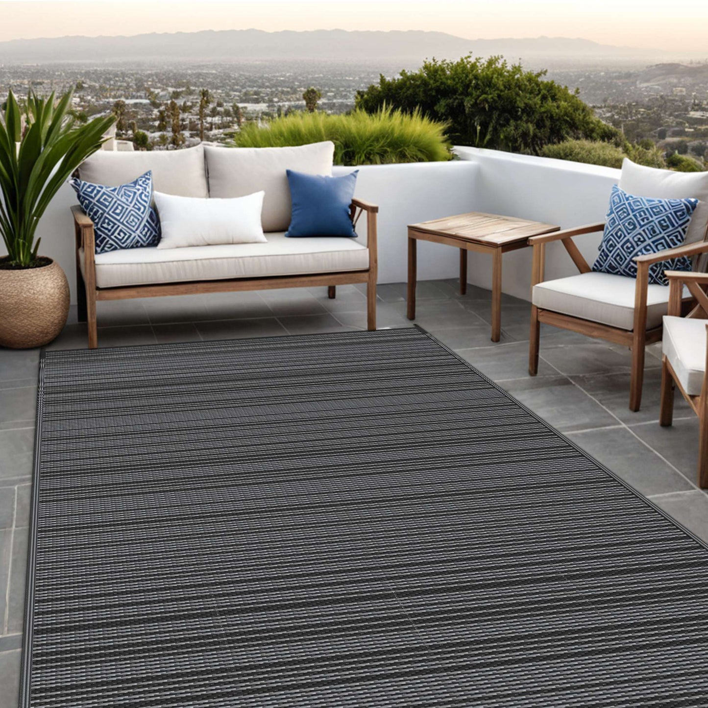 KUETH 5'x 8' Outdoor Waterproof Rug Camping Mat Patio Carpet,Black&Gray