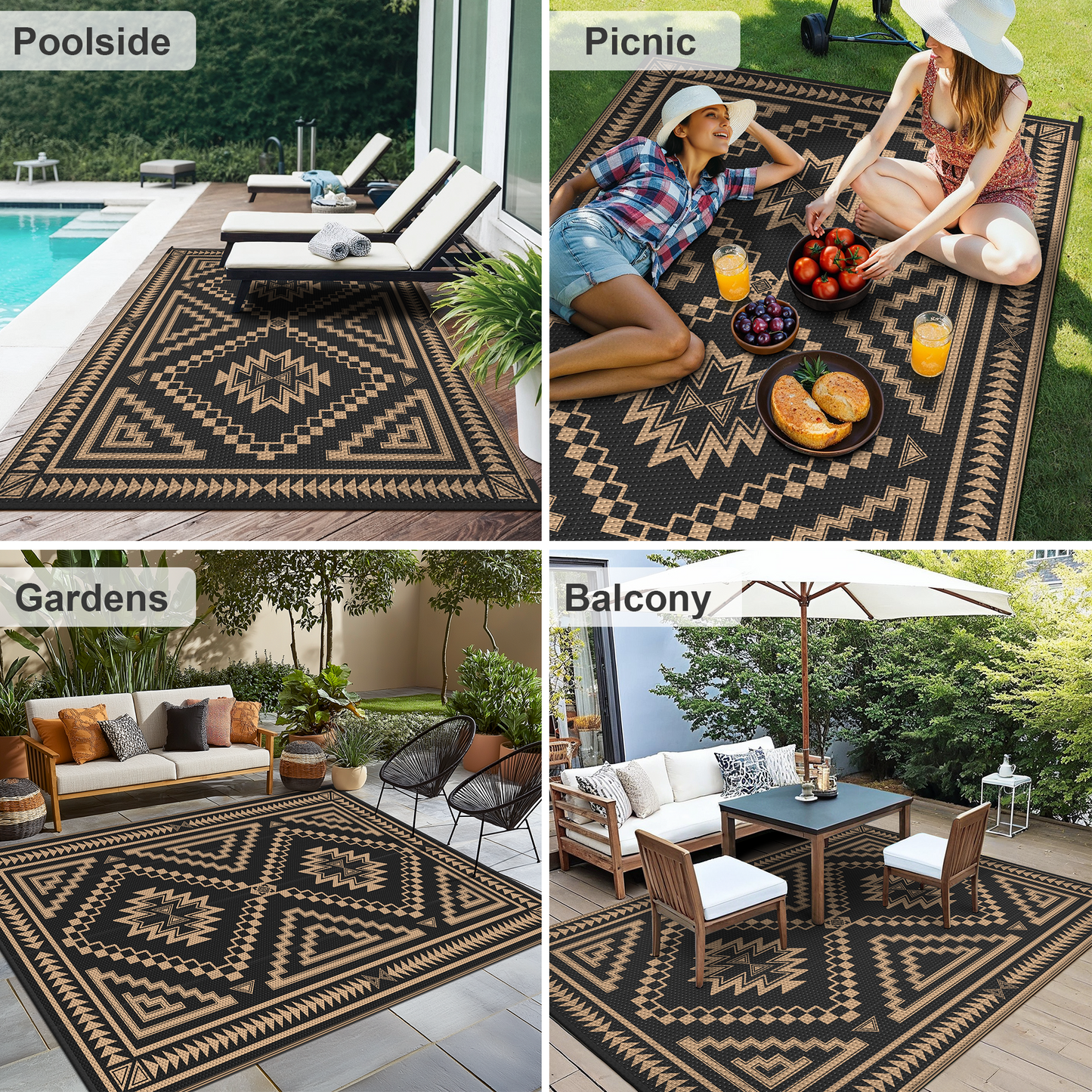 KUETH 5' x 8' Outdoor Waterproof Rug Camping Mat Patio Carpet,Black & Brown