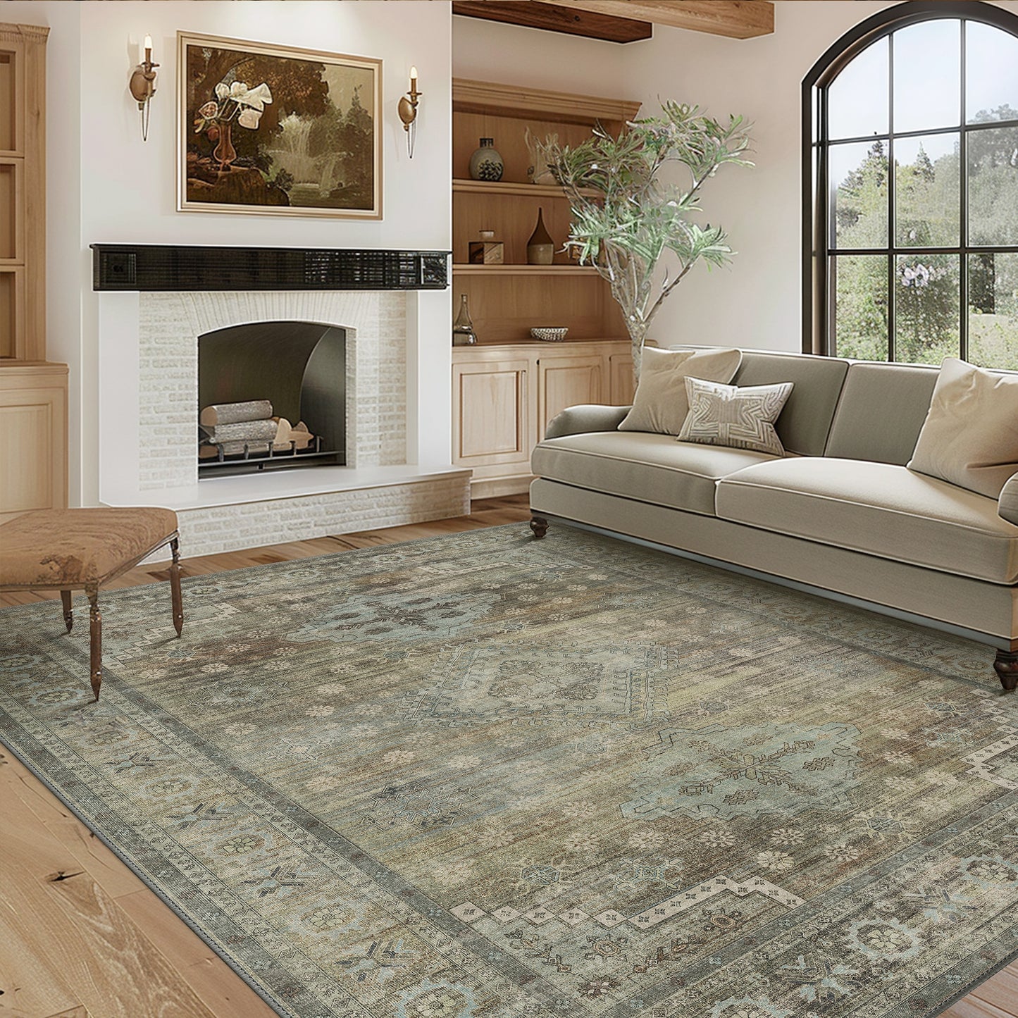 Green Area Rug for Living Room Bedroom Machine Washable Neutral Rug