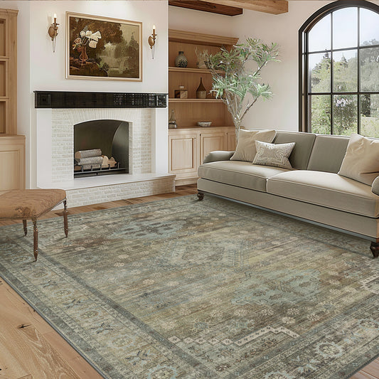 Green Area Rug for Living Room Bedroom Machine Washable Neutral Rug