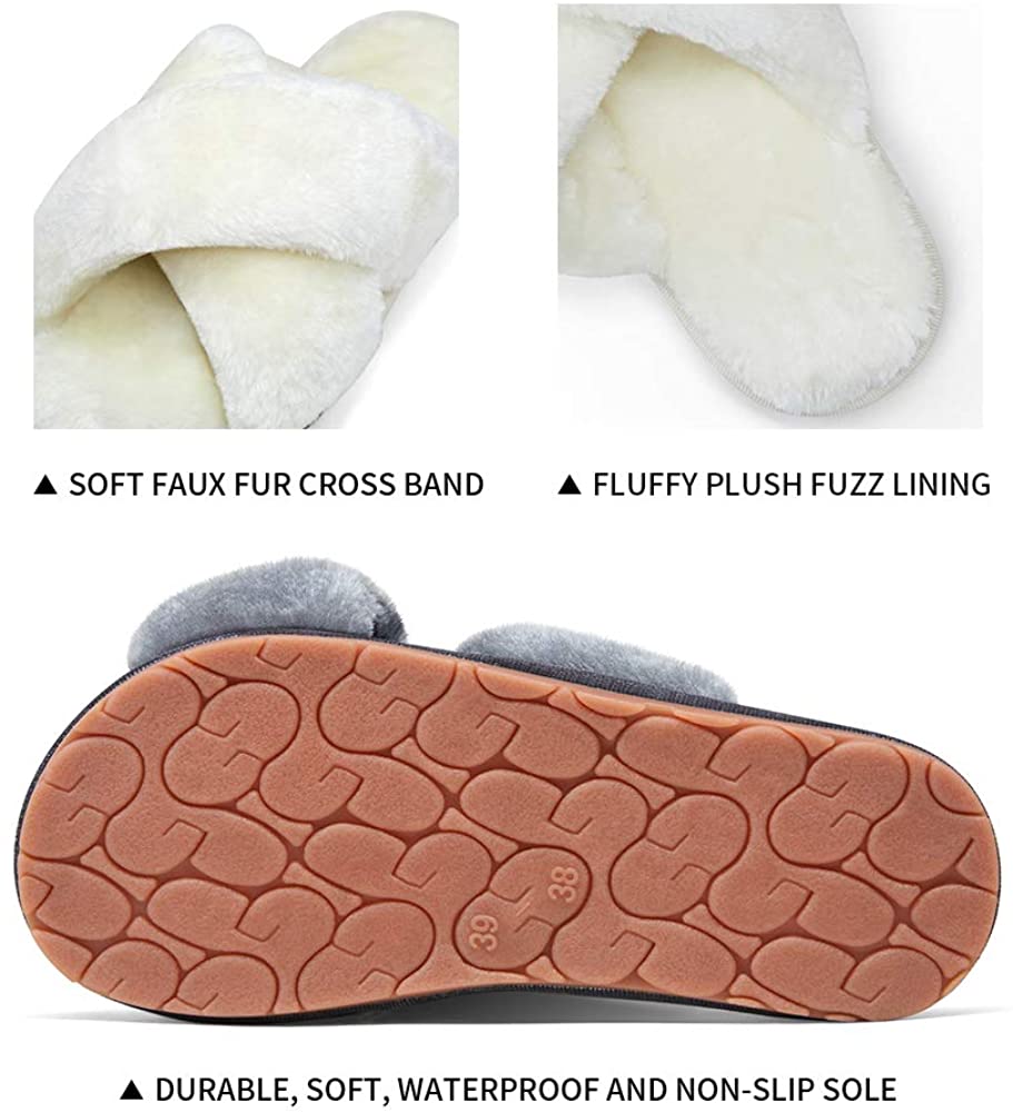 Women's Cross Band Slippers Soft Plush Furry | VEPOSE