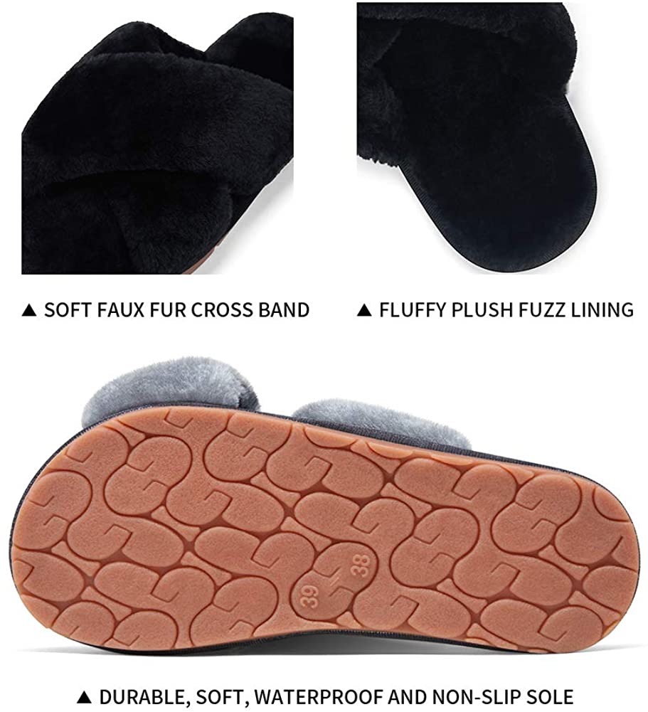 Women's Cross Band Slippers Soft Plush Furry | VEPOSE