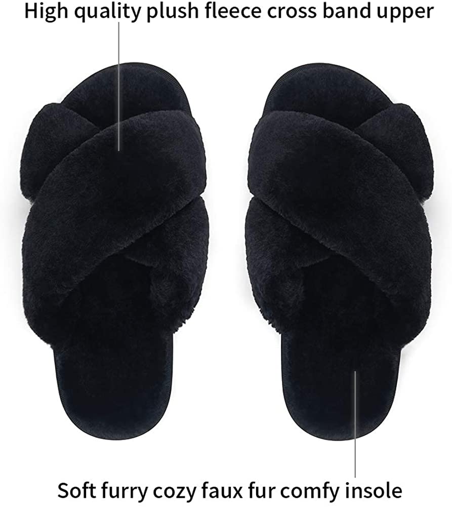 Women's Cross Band Slippers Soft Plush Furry | VEPOSE