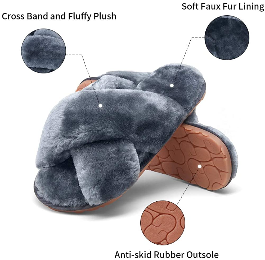 Women's Cross Band Slippers Soft Plush Furry | VEPOSE