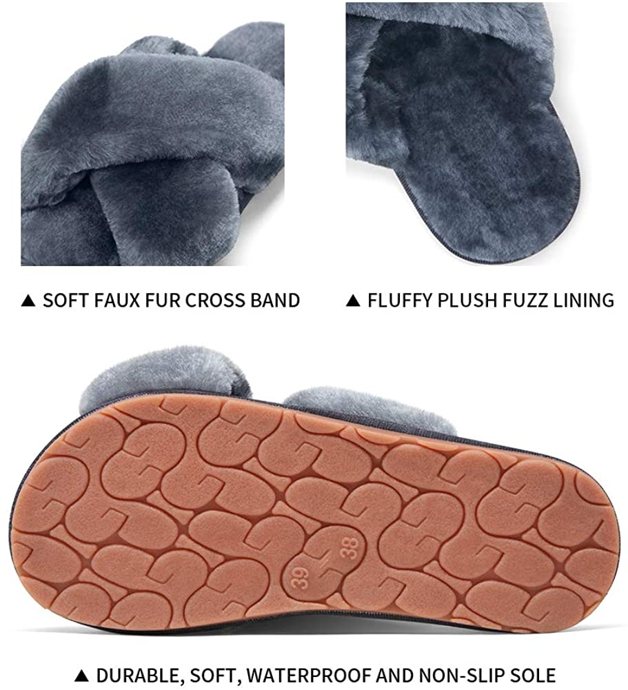 Women's Cross Band Slippers Soft Plush Furry | VEPOSE