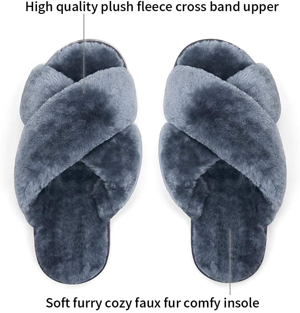 Women's Cross Band Slippers Soft Plush Furry | VEPOSE