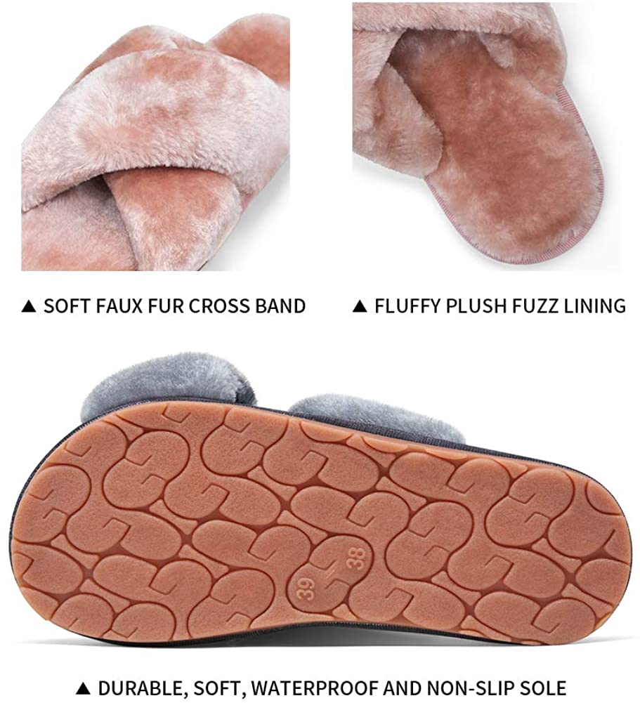 Women's Cross Band Slippers Soft Plush Furry | VEPOSE