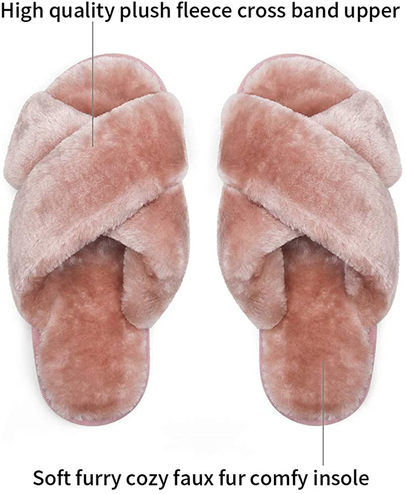 Women's Cross Band Slippers Soft Plush Furry | VEPOSE